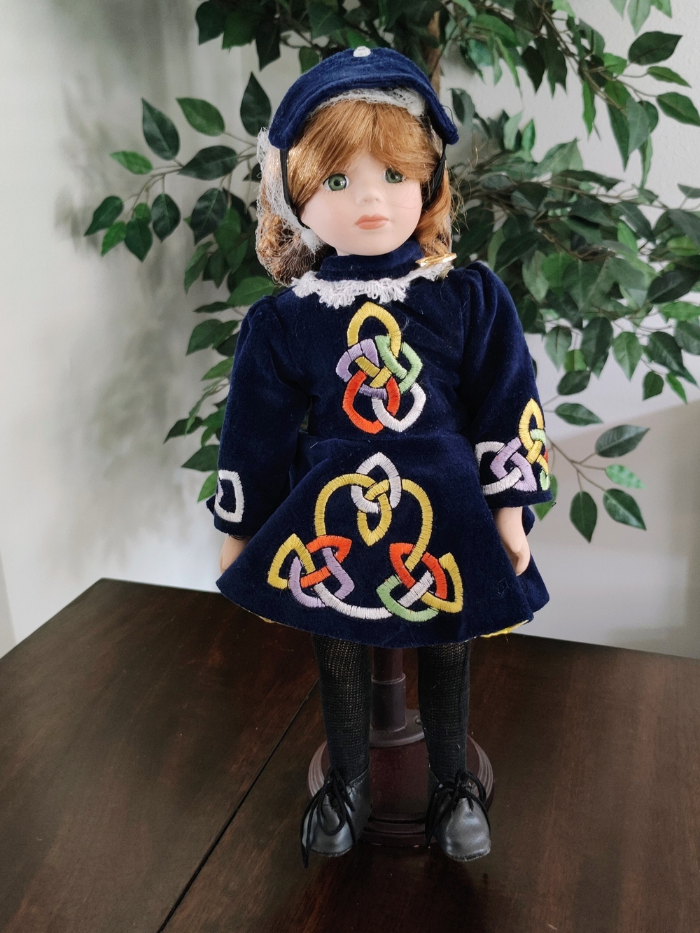 Porcelain Doll in Navy Blue Velvet Celtic Dress